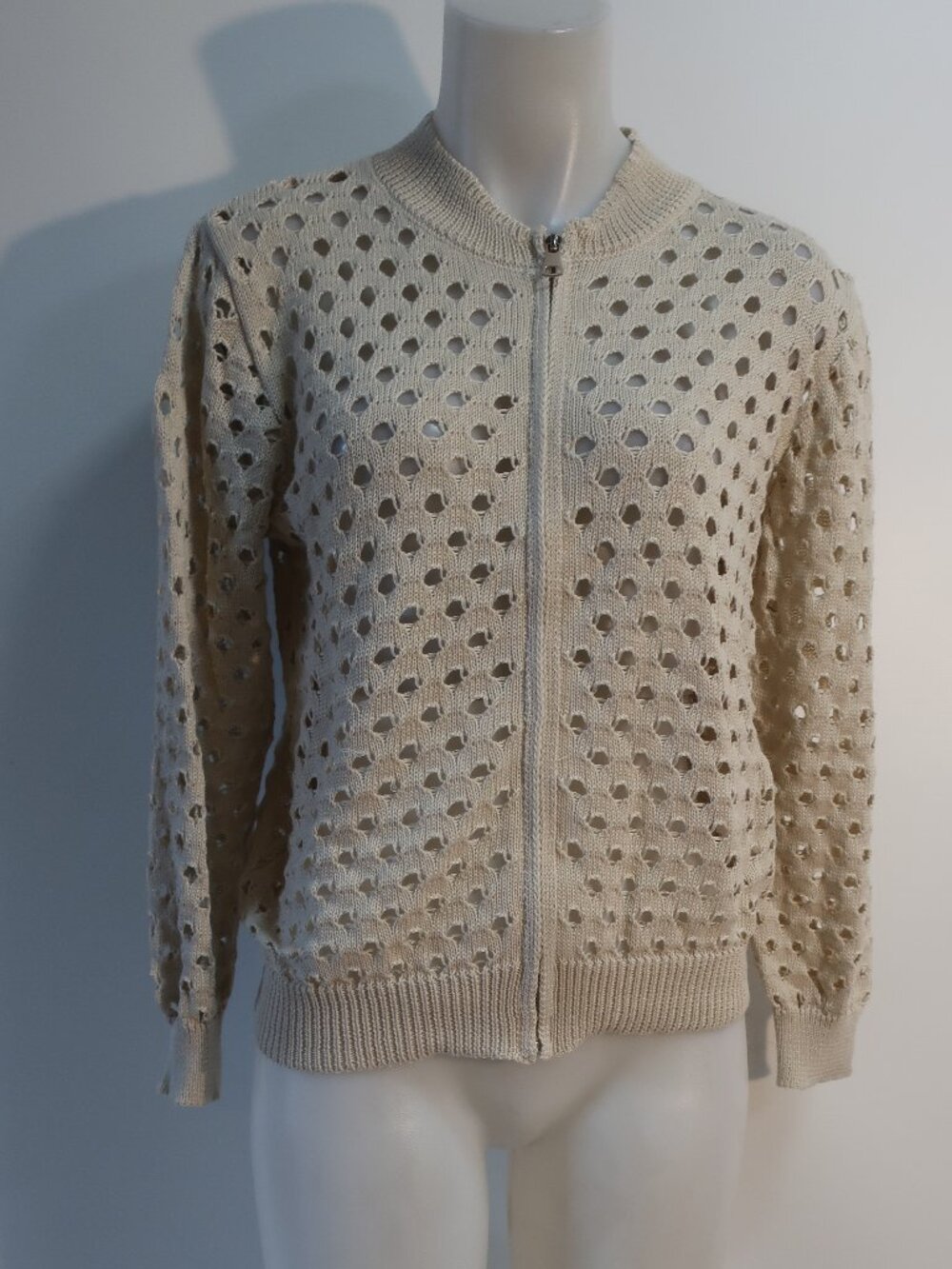 Womens Grayson & Porter Beige (Item- 233) Open Knit Full Zip Cardigan Sweater XS